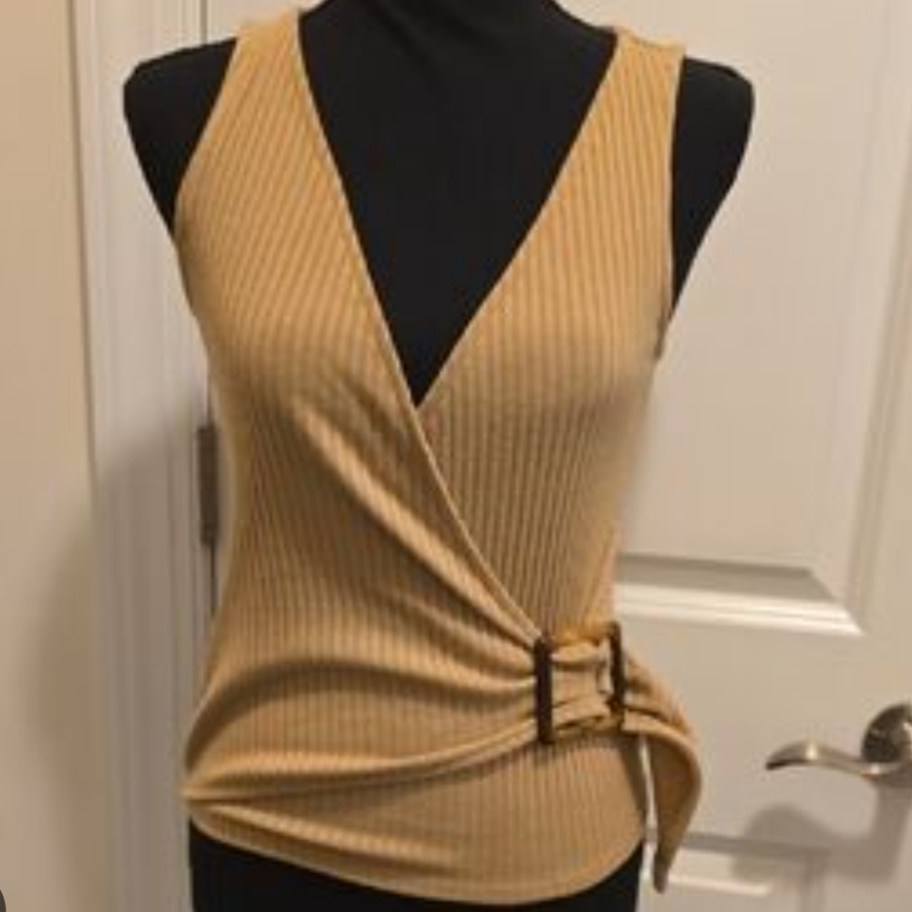 Express Camel Ribbed Wrap Top
